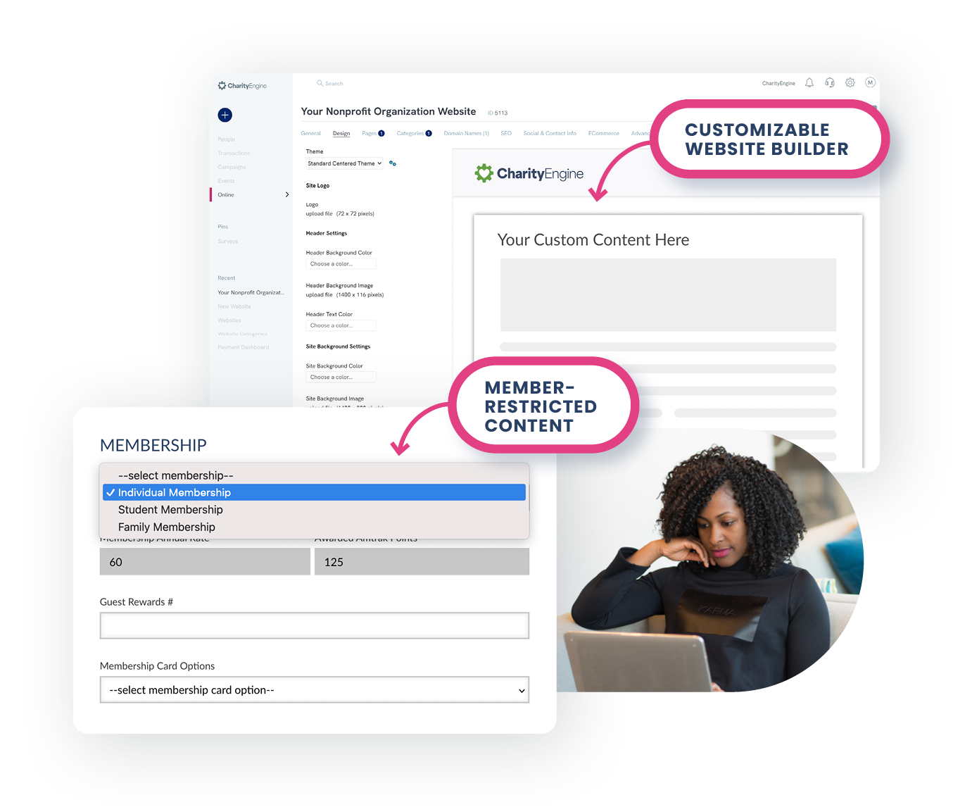 Screenshots of CharityEngine's platform showing custom website builder and member restricted content.