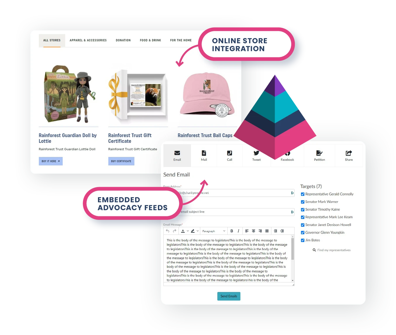 Screenshot of online stores and advocacy feeds built on the CharityEngine platform.