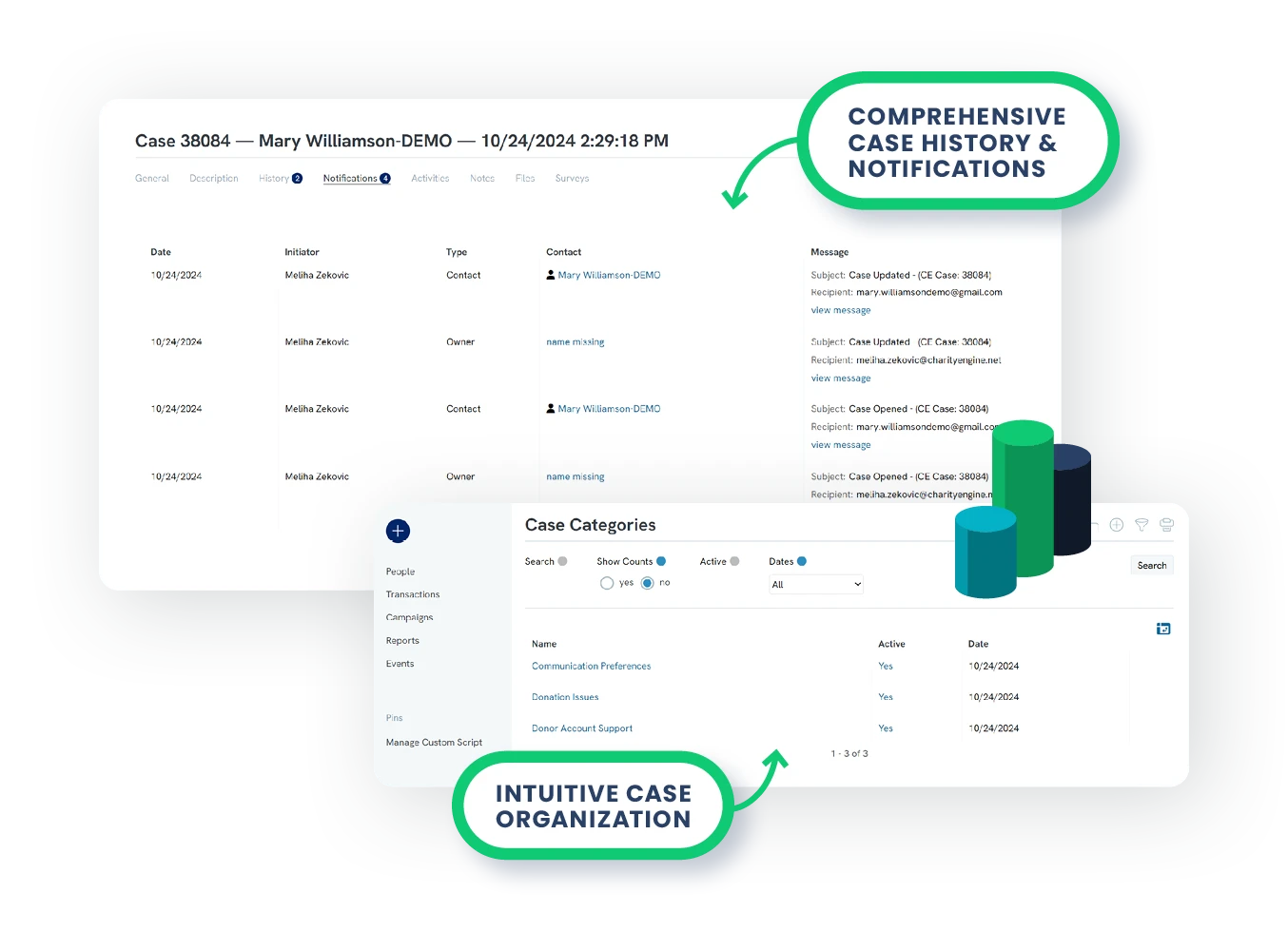 Screenshots of Case Management notifications and assignments in CharityEngine