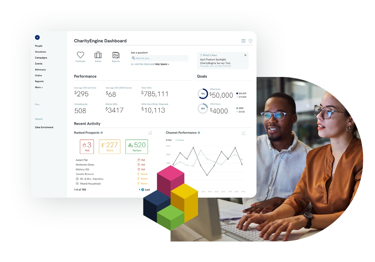 people working together to install CharityEngine while looking at the dashboard